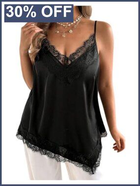 Plus Size Satin Lace Trim Cami Asymmetrical Hem V-Neck Tank Top